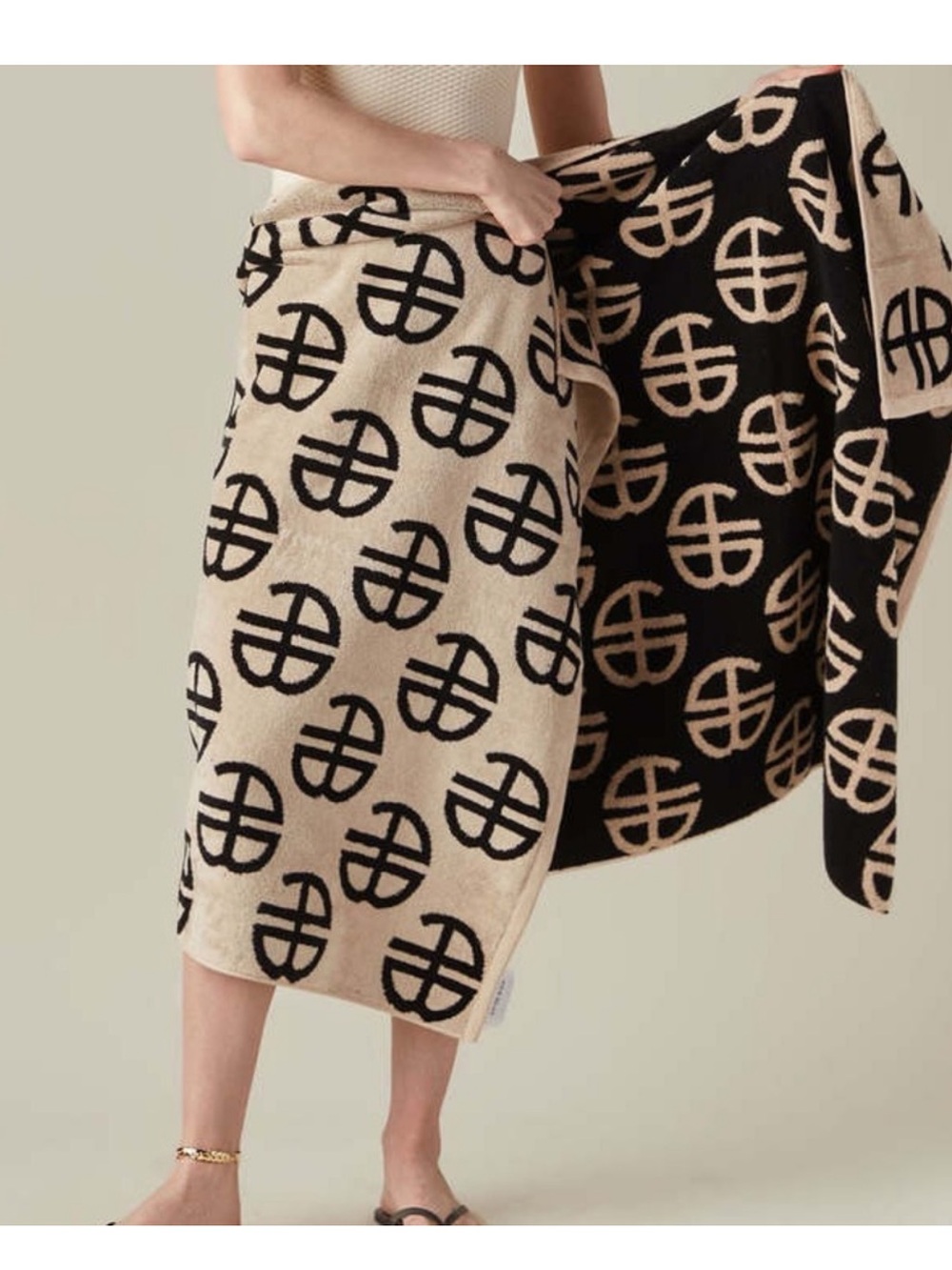 Anine Bing Bahia Towel in Beige and Black Monogram Print NWT